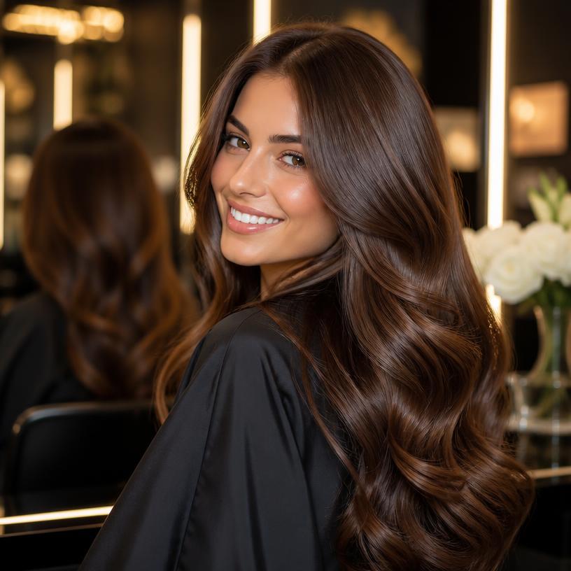 Cabelo castanho longo com ondas e brilho